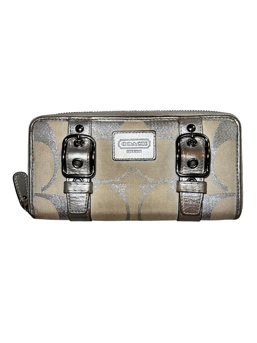 Coach SoHo Beige Canvas Wallet with Silver Metallic Accents